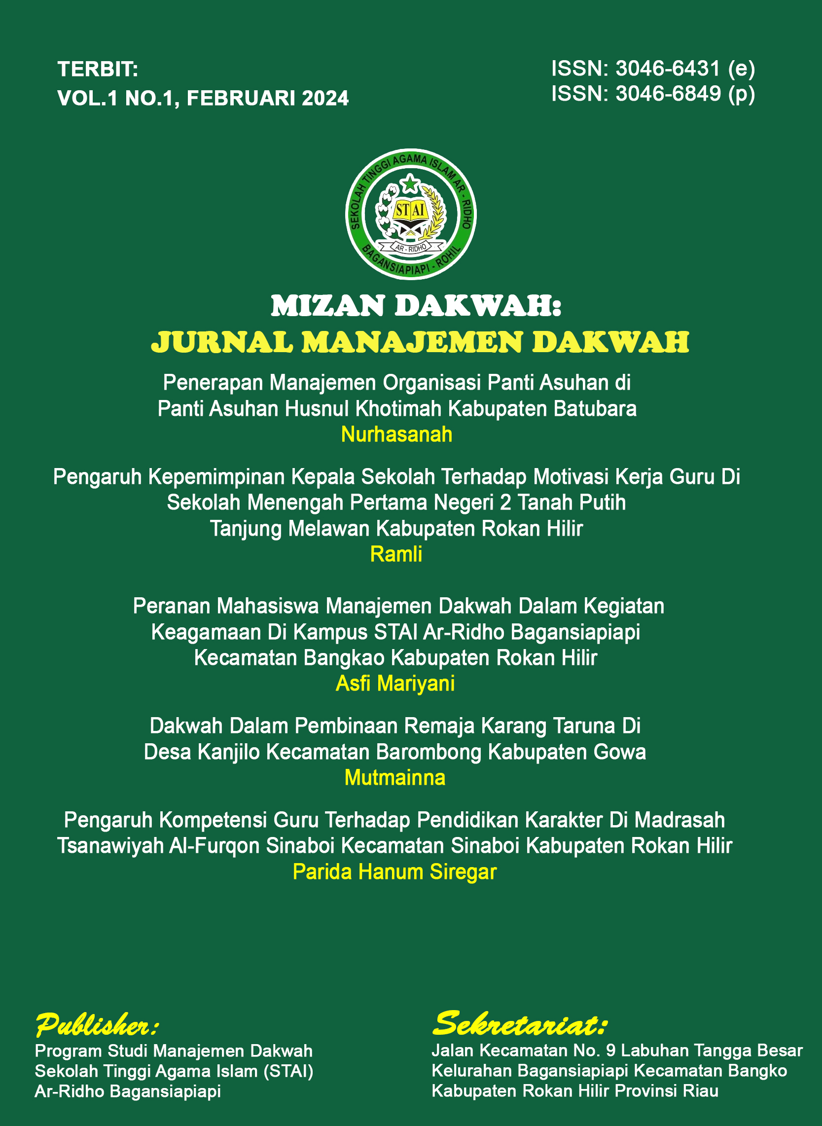 					View Vol. 1 No. 1 (2024): Mizan Dakwah: Jurnal Manajemen Dakwah
				
